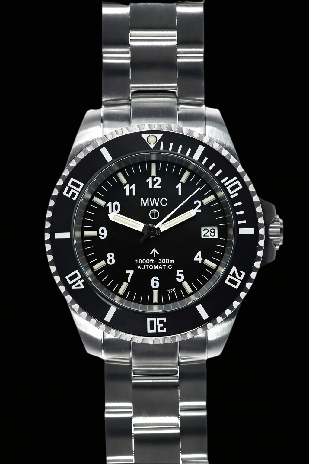 MWC 24 Jewel 300m Automatic Military Divers Watch with Tritium GTLS Illumination, Sapphire Crystal and Ceramic Bezel and Steel Bracelet