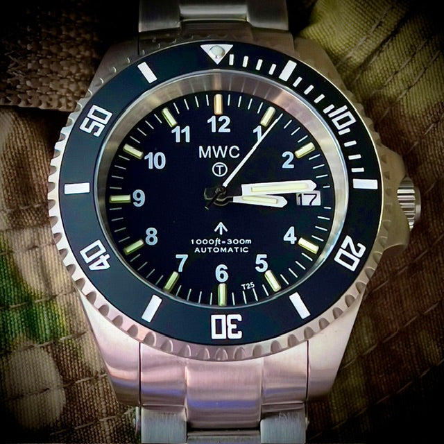 MWC 24 Jewel 300m Automatic Military Divers Watch with Tritium GTLS Illumination, Sapphire Crystal and Ceramic Bezel and Steel Bracelet