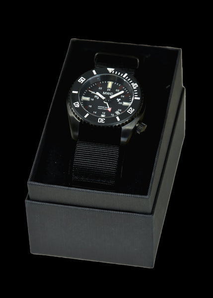 MWC "Submariner / Naval Crew Divers Watch" in Covert Black PVD 500m (1,640ft) Water Resistant Dual Time Zone Military Watch in PVD Stainless Steel Case with GTLS and Helium Valve