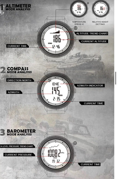 Tactical Military Watch with LCD Digital Display. Functions Include Altimeter, Barometer, Compass, Dual Time Zones and Step Counter