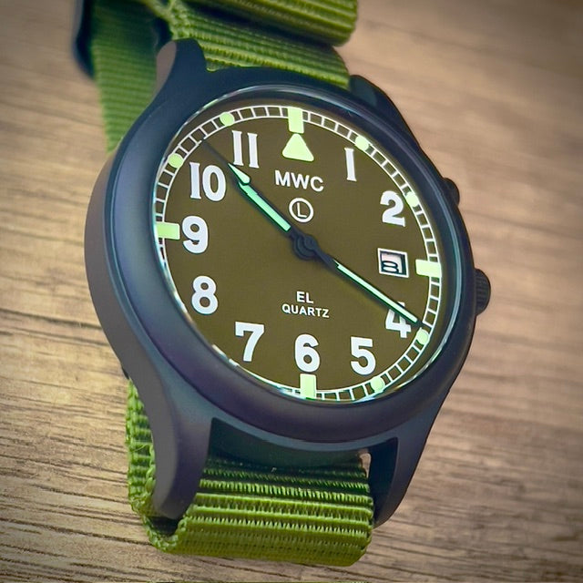 MWC G10EL Black PVD Steel General Service Watch with Olive Drab Electroluminescent (EL) Backlit Dial