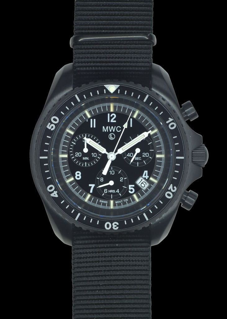 MWC NATO Pattern Black PVD Steel Military Pilots Chronograph with Sapphire Crystal and Swiss Ronda Movement with GTLS/Tritium Illumination