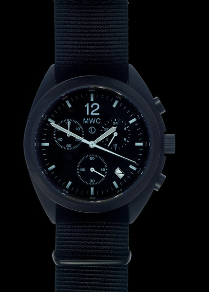 MWC Mechanical/Quartz Hybrid NATO Pattern Military Pilots Chronograph in Non Reflective Black PVD Finish