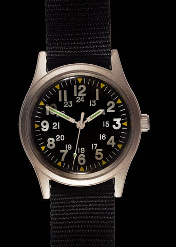 MWC Classic 1970s Pattern MIL-W-46374 Pattern Military Watch on a Black Military Webbing Strap