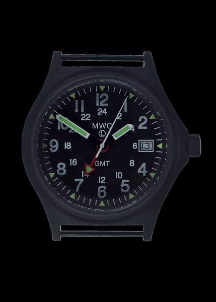 MWC GMT (Dual Time Zone) 100m Water resistant Military Watch in Black PVD Steel Case with Screw Crown