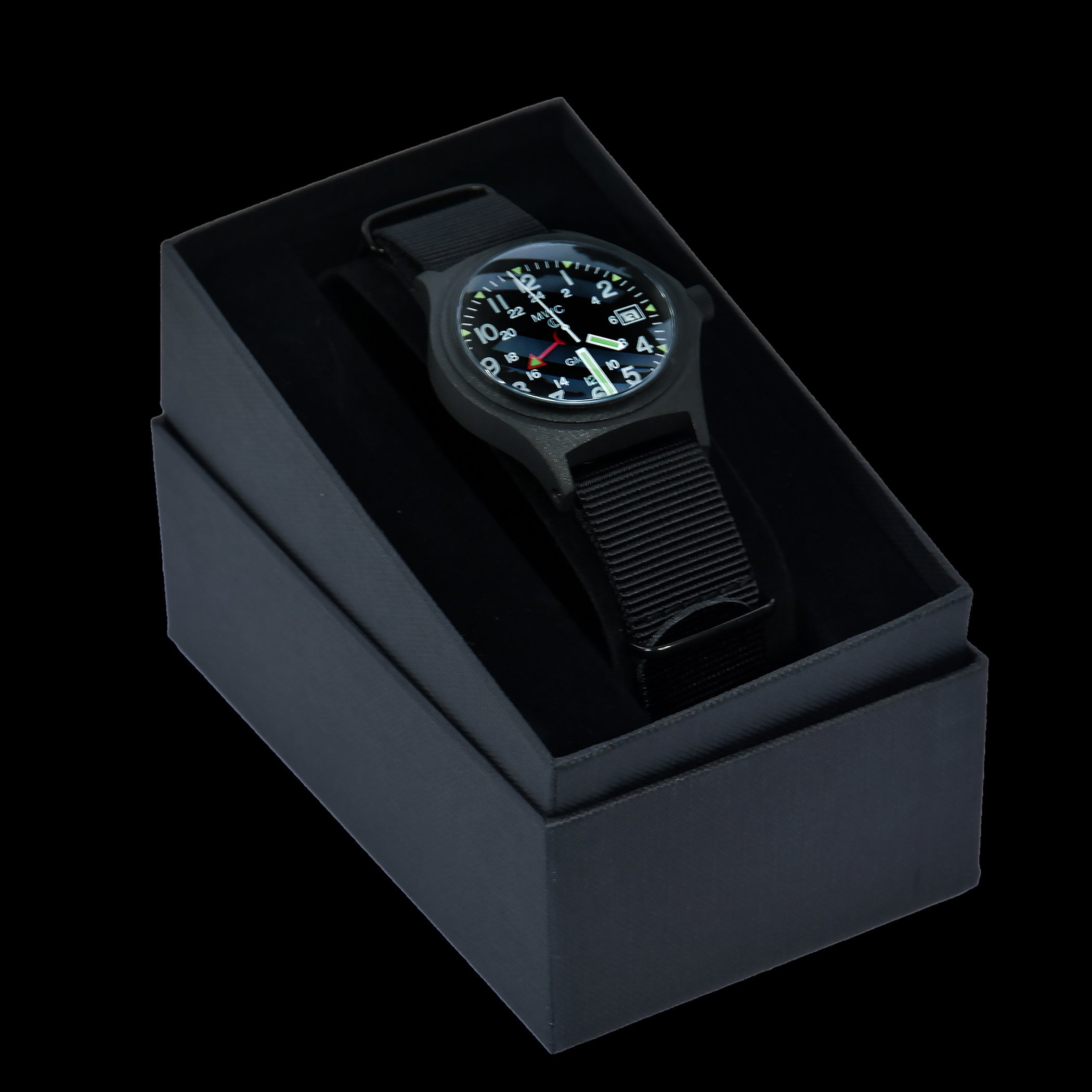 MWC GMT (Dual Time Zone) 100m/330ft Water resistant Military Watch in Black PVD Steel Case with Screw Crown