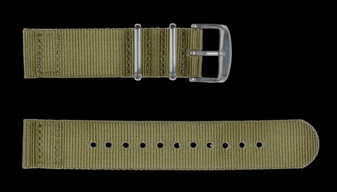 2 Piece 18mm Khaki NATO Military Watch Strap in Ballistic Nylon with Stainless Steel Fasteners