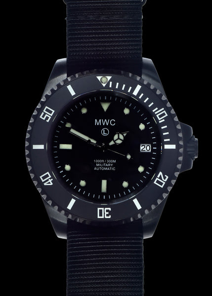 MWC 24 Jewel 300m Automatic Military Divers Watch with Sapphire Crystal and Ceramic Bezel in Black PVD Steel